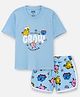 Nap Chief Pure Cotton Knit Mr Men Featuring Half Sleeves Characters Printed Relaxed Fit Tee & Shorts Set - Sky Blue