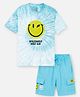 Nap Chief Pure Cotton Knit Smiley World Featuring Half Sleeves Smiley Printed Tie Dye Oversized Tee & Shorts Set - White & Blue