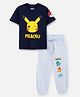 Nap Chief Pure Cotton Knit Pokemon Featuring Half Sleeves Pikachu Printed Relaxed Fit Tee & Pant Set - Navy Blue