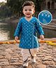 Babyhug Brocade Woven Full Sleeves Kurta Dhoti Set with Floral Foil Print - Royal Blue & White