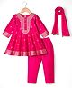 Babyhug Woven Full Sleeves Kurti Palazzo & Dupatta Set with Floral Foil Print & Embroidery - Fuchsia
