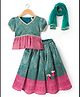 Babyhug Brocade Woven Half Sleeves Pattu Pavda Choli Lehenga & Dupatta Set With Floral Foil Print - Teal Blue