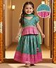 Babyhug Brocade Woven Half Sleeves Pattu Pavda Choli Lehenga & Dupatta Set With Floral Foil Print - Teal Blue