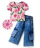 OLLINGTON ST. 100% Cotton Half Puffed Sleeves Floral Printed Front Open Top & Denim Pant - Pink & Blue