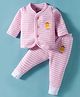 Bodycare Cotton Knit Full Sleeves Striped Front Open Co-ord Thermal Set With Giraffe Print - Pink & White