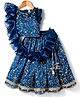 Babyhug Woven Sleeveless Choli Lehenga & Frilled Dupatta Set with Floral Embroidery - Navy Blue