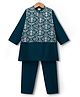 Babyhug Cotton Blend Woven Full Sleeves Kurta Pajama Set with Jacket & Floral Embroidery - Teal Blue