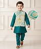 Babyhug Cotton Blend Full Sleeves Kurta Pajama Set with Jacket & Motif Embroidery - Teal Blue