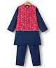 Babyhug Woven Full Sleeves Kurta Pyjama Set With Floral Embroidered Nehru Jacket - Navy Blue