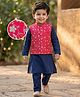 Babyhug Woven Full Sleeves Kurta Pyjama Set With Floral Embroidered Nehru Jacket - Navy Blue