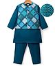 Babyhug Woven Full Sleeves Kurta Pajama & Nehru Jacket with Diamond argyle Print - Teal Blue