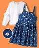 OLLINGTON ST. Cotton Full Sleeves Top & Denim Pinafore Frock with Floral Print -  White & Blue