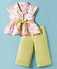 Twetoons Woven Half Cap Sleeves Frock Style Top & Trouser Set With Belt & Floral Print - Pink & Light Green