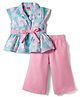 Twetoons Woven Half Cap Sleeves Frock Style Top & Trouser Set With Belt & Floral Print - Pink & Blue