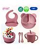Puchku 6 Pcs Silicone Baby Feeding Set, BPA Free & Microwave Safe Dinner Tableware Kit - Feeding Bowl, Suction Plate, Cup, Spoon, Fork & Bib for Kids ( Pack of 1, Dusky Pink)