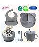 Puchku 6 Pcs Silicone Baby Feeding Set, BPA Free & Microwave Safe Dinner Tableware Kit - Feeding Bowl, Suction Plate, Cup, Spoon, Fork & Bib for Kids ( Pack of 1, Grey)