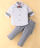 Rikidoos Full Sleeves Abstract Printed Shirt & Pant With Suspender & Bow Set - White & Grey