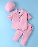 Rikidoos Full Sleeves Gingham Checked Blazer & Pant With Bow Applique Detailed Tee & Cap Set - Pink & White