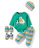 Babyhug 100% Cotton Interlock Knit Full Sleeves Onesie with Legging & Cap Mittens Booties Set with Stripes & Polar Bear Print - Light Green