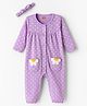 Babyhug 100% Cotton Interlock Knit Full Sleeves Front Open Romper with Hairband & Polka Dot & Floral Patch - Purple