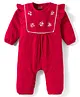 Babyhug Interlock Knit Full Sleeves Floral Embroidered Romper With Hairband & Booties - Red