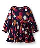 CrayonFlakes Cotton Knit Full Peasant Sleeves Dots Printed Ruffle Detailed Dress - Navy Blue