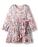 CrayonFlakes Cotton Knit Full Sleeves Floral Printed Ruffle Detailed Dress - Off White