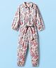 CrayonFlakes Cotton Knit Full Sleeves Floral Printed Belted Jumpsuit - Off White