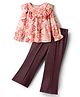 CrayonFlakes Cotton Knit Full Sleeves Floral Printed Frill Detailed Top & Pant Set - Peach