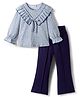 CrayonFlakes Cotton Knit Floral Printed Frill Detailed Top & Pant Set - Blue