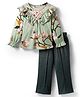 CrayonFlakes Cotton Knit Full Peasant Sleeves Floral Printed Ruffle Detailed Top & Pant Set - Green