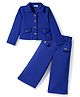 CrayonFlakes Waffle Knit Full Sleeves Solid Jacket Styled Top & Palazzo Set - Blue
