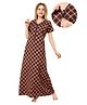 Piu Cotton Woven Half Sleeves Checked Maternity Nighty With Centre Front Nursing Access - Brown