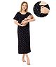 Piu Cotton Knit Half Sleeves Floral & Polka Dots Printed Maternity Nighty With Front Open Nursing Access - Black