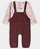 Mi Arcus Cotton Elastane Knit Solid Dungaree With Full Sleeves Floral Printed Top Set - Peach & Brown