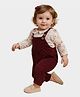 Mi Arcus Cotton Elastane Knit Solid Dungaree With Full Sleeves Floral Printed Top Set - Peach & Brown