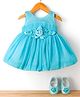 Bluebell Net Woven Sleeveless Party Frock with Floral Corsages and Booties - Light Blue