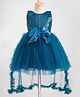 Bluebell Net Woven Sleeveless Party Frock With Bow Applique & Sequin Detailing - Teal Blue