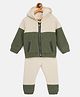 JWAAQ Cotton Knit Full Sleeves Color Blocked & Fur Detailed Coordinating Hooded Jacket With Joggers Set - Green