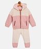 JWAAQ Cotton Knit Full Sleeves Color Blocked & Fur Detailed Coordinating Hooded Jacket With Joggers Set - Pink