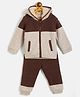 JWAAQ Cotton Knit Full Sleeves Color Blocked & Fur Detailed Coordinating Hooded Jacket With Joggers Set - Coffee