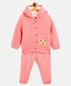 JWAAQ Cotton Knit Full Sleeves Teddy Bear Embroidered Hooded Sweater With Pant Set - Pink