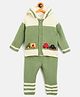 JWAAQ Cotton Knit Full Sleeves Colour Blocked & Fur Detailed Hooded Sweater With Pant Set - Green