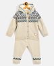 JWAAQ Cotton Knit Full Sleeves Abstract Designed & Fur Detailed Coordinating Hooded Sweater With Joggers Set - Oatmeal