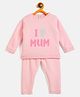 JWAAQ Cotton Knit Full Sleeves I Love Mom Designed & Fur Detailed Sweater With Pant Set - Pink