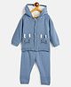 JWAAQ Cotton Knit Full Sleeves Cat Face Designed & Fur Detailed Sweater With Pant Set - Blue