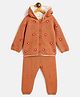 JWAAQ Cotton Knit Full Sleeves Floral & Hearts Designed Hooded Sweater With Pant Set - Rust