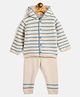 JWAAQ Cotton Knit Full Sleeves Striped Hooded Sweater With Pant Set - Ecru