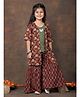Kinder Kids Cotton Woven Metal Applique Detailed Kurti & Sharara With Three Fourth Sleeves Floral Printed Jacket Set - Brown