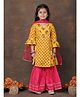 Kinder Kids Cotton Woven Half Bell Sleeves Floral Printed Gota Lace Embellished Kurti & Sharara With Dupatta Set - Yellow